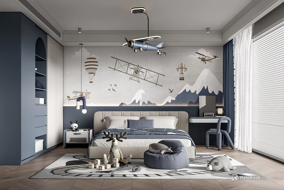 Kids Room With Dark Blue Walls Airplane Hot Air Balloon Mountain Decor Bed Desk Chair 3d model 