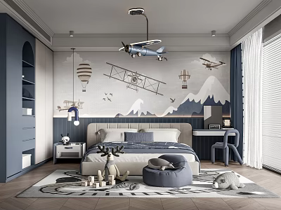 Kids Room With Dark Blue Walls Airplane Hot Air Balloon Mountain Decor Bed Desk Chair 3d model