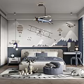 Kids Room With Dark Blue Walls Airplane Hot Air Balloon Mountain Decor Bed Desk Chair