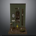 Mini Room Interior With Green Wall Wooden Shelf Mirror Sink Stool And Yellow Doll