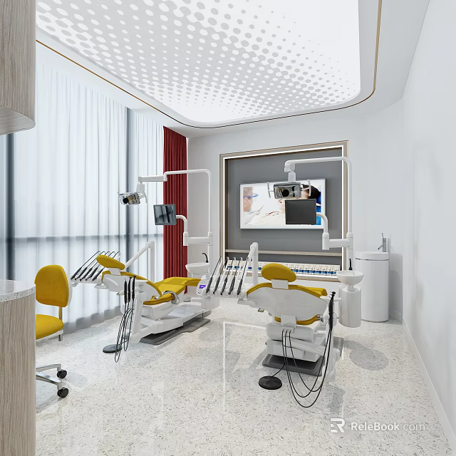 Dental Clinic Interior Design Featuring Yellow Chairs Medical Equipment White Walls And Windows 3d model 