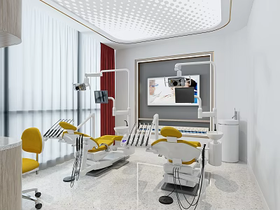 Dental Clinic Interior Design Featuring Yellow Chairs Medical Equipment White Walls And Windows 3d model