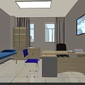 Medical Consultation Room Interior With Blue Medical Bed Purple Chair Desk And TV Screen