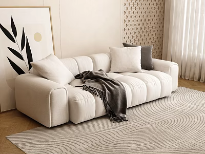 Beige Multi Seater Sofa With Pillows And Throw Blanket On Patterned Rug 3d model