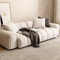 Beige Multi Seater Sofa With Pillows And Throw Blanket On Patterned Rug 3d model