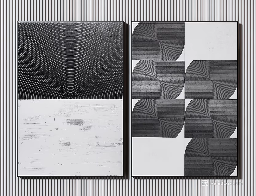 Two Black White Abstract Artworks Featuring Concentric Circles And Geometric Curved Patterns 3d model