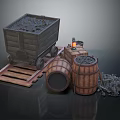 Rustic Mine Cart Scene With Wooden Barrels Coal Pile And Lit Lantern