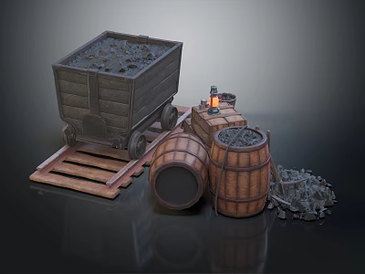 Rustic Mine Cart Scene With Wooden Barrels Coal Pile And Lit Lantern 3d model