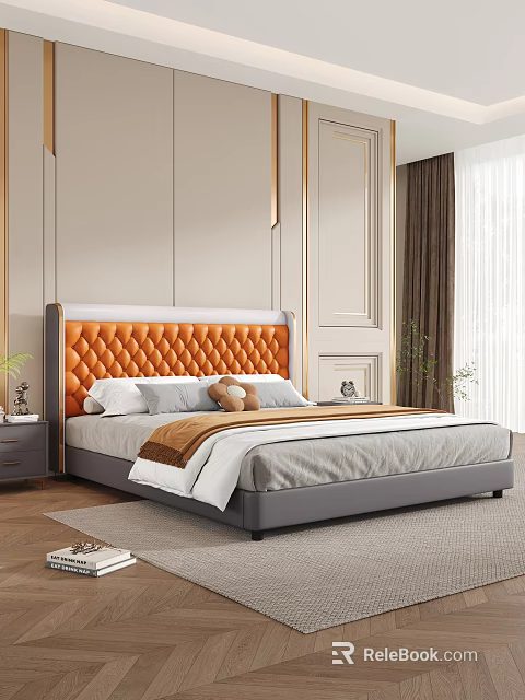 Elegant Gray Double Bed With Orange Tufted Headboard White Pillows Brown Blanket And Bedroom Plants 3d model 
