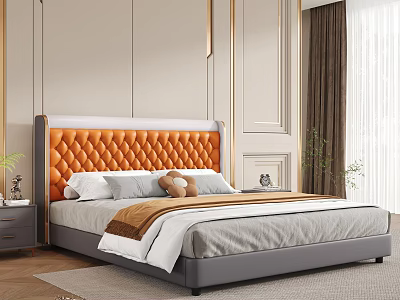 Elegant Gray Double Bed With Orange Tufted Headboard White Pillows Brown Blanket And Bedroom Plants 3d model