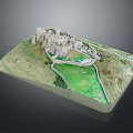 Modern Castle Model Display on Detailed Terrain With Green Grass and Path