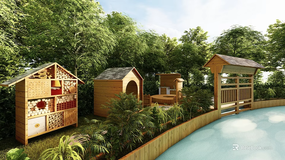 Scenic Outdoor Garden Space With Wooden Huts Gazebo Greenery And Wooden Fence 3d model 