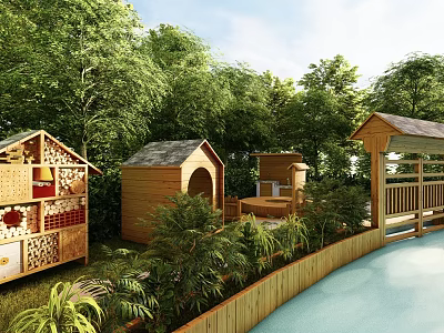 Scenic Outdoor Garden Space With Wooden Huts Gazebo Greenery And Wooden Fence 3d model