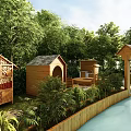 Scenic Outdoor Garden Space With Wooden Huts Gazebo Greenery And Wooden Fence