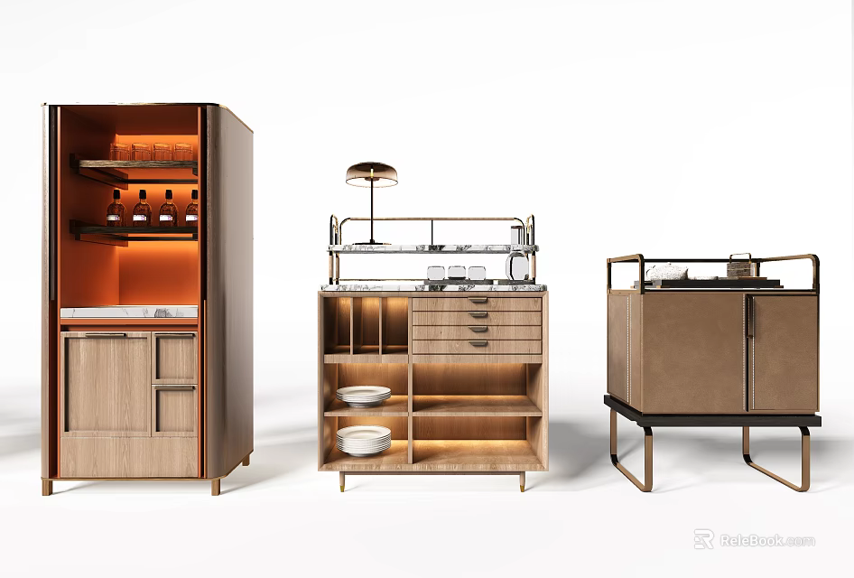 Modern Wooden Sideboard With Metal Frame Storage Shelves Drawers And Display Compartments 3d model 