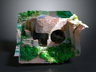 Ancient Stone Structure With Cave Like Openings Surrounded By Green Vegetation 3d model