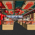 Specialty Store with Red Walls Wooden Shelves Product Displays Ceiling Lanterns and City View Windows