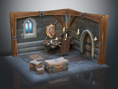 Cartoon Medieval Room Scene with Stone Walls Wooden Frame Arched Window Shield Candles and Chests 3d model