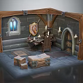 Cartoon Medieval Room Scene with Stone Walls Wooden Frame Arched Window Shield Candles and Chests