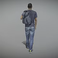 Man Standing In Grey Background Wearing Casual Graphic T-Shirt Blue Jeans And Backpack