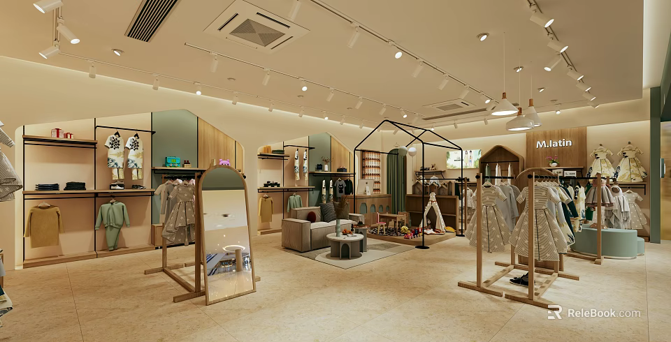 Bright Modern Clothing Store Interior With Display Racks Dresses Sofa And Cozy Rug 3d model 