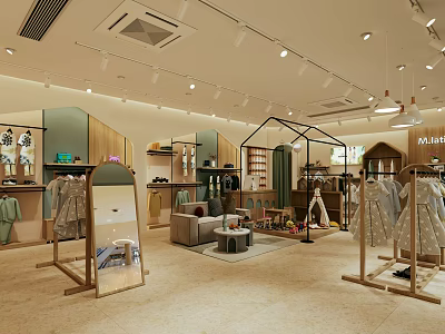 Bright Modern Clothing Store Interior With Display Racks Dresses Sofa And Cozy Rug 3d model