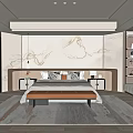 Modern Bedroom Interior With Marble Pattern Wall Bed Nightstands Lamps Bench And Rug