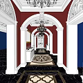 Elevator Hallway With Red Walls Gold Framed Paintings Chandelier And Black White Patterned Flooring