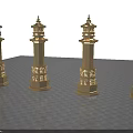 Golden Traditional Pagodas With Carved Bases And Tiered Roofs In Row