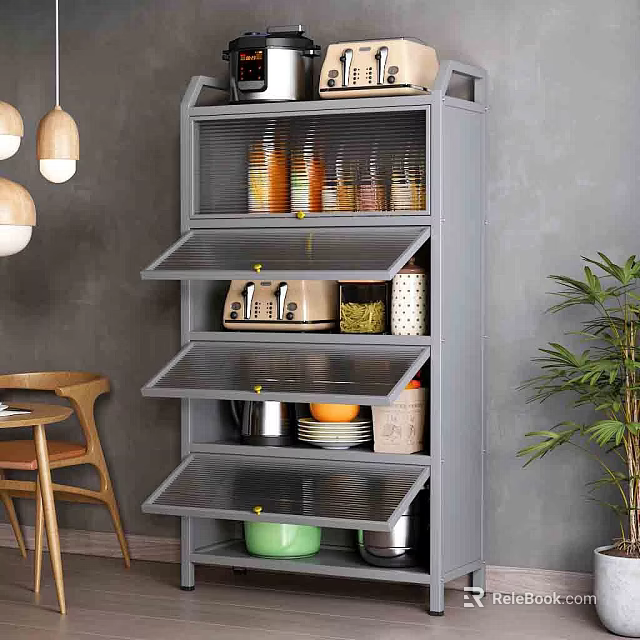 Gray Kitchen Cabinet With Glass Doors And Multiple Shelves For Kitchen Essentials 3d model 