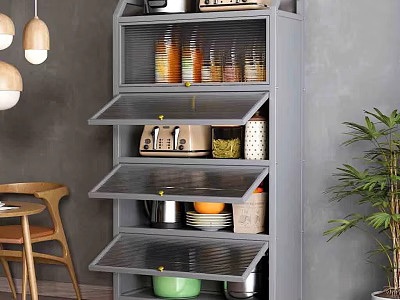 Gray Kitchen Cabinet With Glass Doors And Multiple Shelves For Kitchen Essentials 3d model