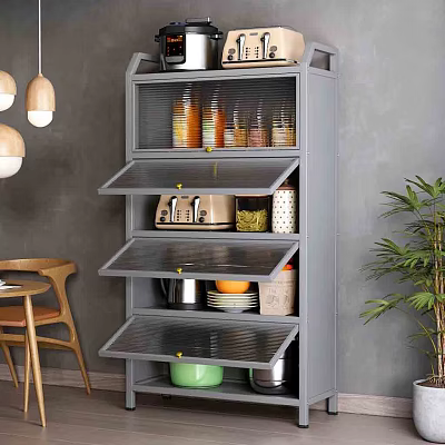 Gray Kitchen Cabinet With Glass Doors And Multiple Shelves For Kitchen Essentials 3d model
