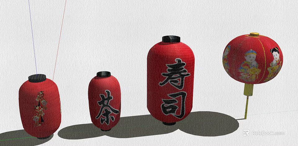 Oriental Traditional Red Lanterns With Chinese Characters Tea And Sushi Motifs 3d model 