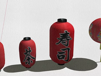 Oriental Traditional Red Lanterns With Chinese Characters Tea And Sushi Motifs 3d model