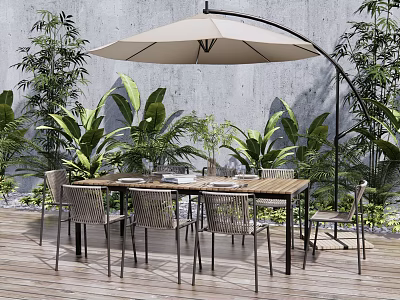 Outdoor Table with Wooden Tabletop Metal Chairs Beige Umbrella Green Plants in Patio Setting 3d model