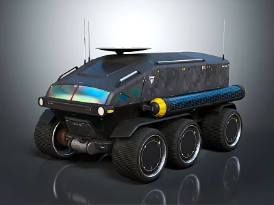 Futuristic Six Wheeled Off Road Vehicle With Black Camouflage Yellow Cylindrical Component And Roof Equipment 3d model