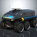 Futuristic Six Wheeled Off Road Vehicle With Black Camouflage Yellow Cylindrical Component And Roof Equipment