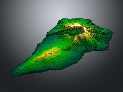 3D Volcanic Terrain Model With Green Yellow Elevation And Central Cone 3d model