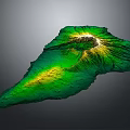 3D Volcanic Terrain Model With Green Yellow Elevation And Central Cone