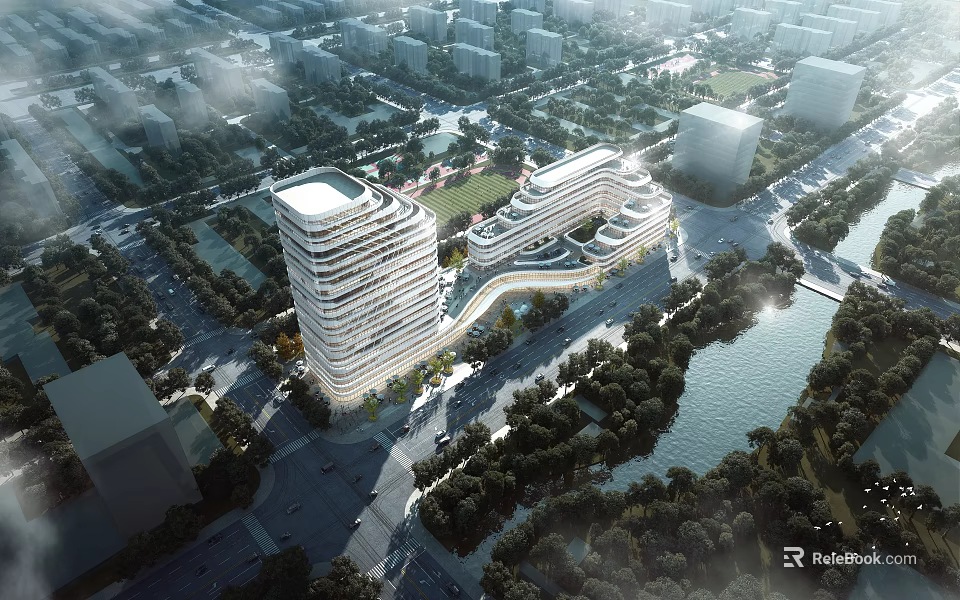 Unique Modern Office Building With Curved Architecture Along Waterfront And Urban Greenery 3d model 