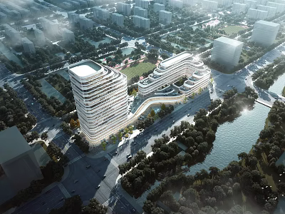 Unique Modern Office Building With Curved Architecture Along Waterfront And Urban Greenery 3d model