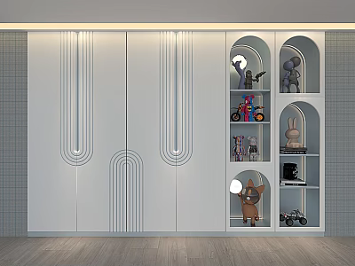 Modern White Wardrobe With Geometric Line Design Open Shelves For Toys And Decorations 3d model