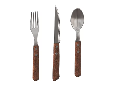 Cutlery Set with Fork Knife Spoon and Wooden Handles Metal Material 3d model