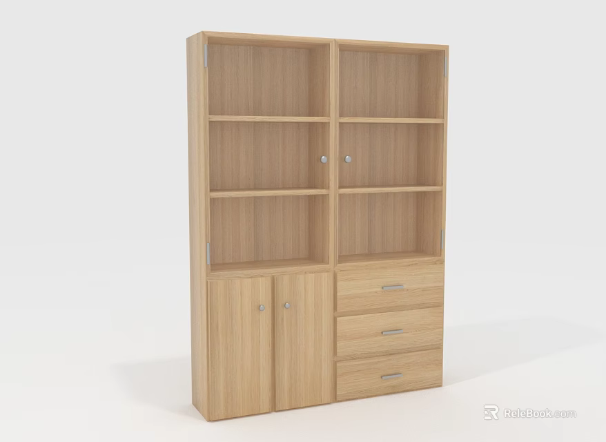 Modern Wooden Bookcase With Multiple Open Shelves Cabinet Doors And Drawers 3d model 