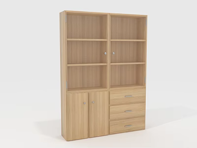 Modern Wooden Bookcase With Multiple Open Shelves Cabinet Doors And Drawers 3d model
