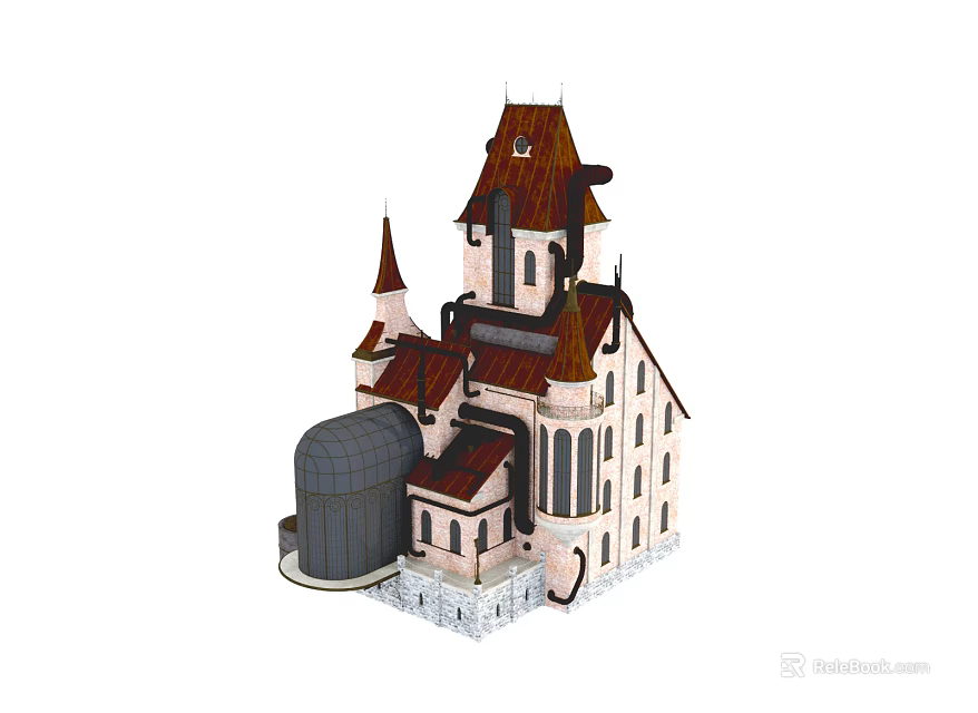 Ancient Architecture With Spires Towers Red Brown Roofs Stone Base And Arched Windows 3d model 