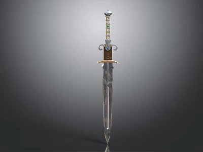Decorative Medieval Sword With Gemstone Hilt And Intricate Blade Patterns 3d model