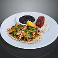 White Ceramic Dining Plate With Tacos Black Beans Lemon Grilled Meat And Rice