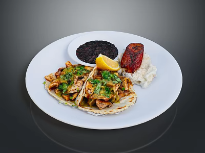 White Ceramic Dining Plate With Tacos Black Beans Lemon Grilled Meat And Rice 3d model