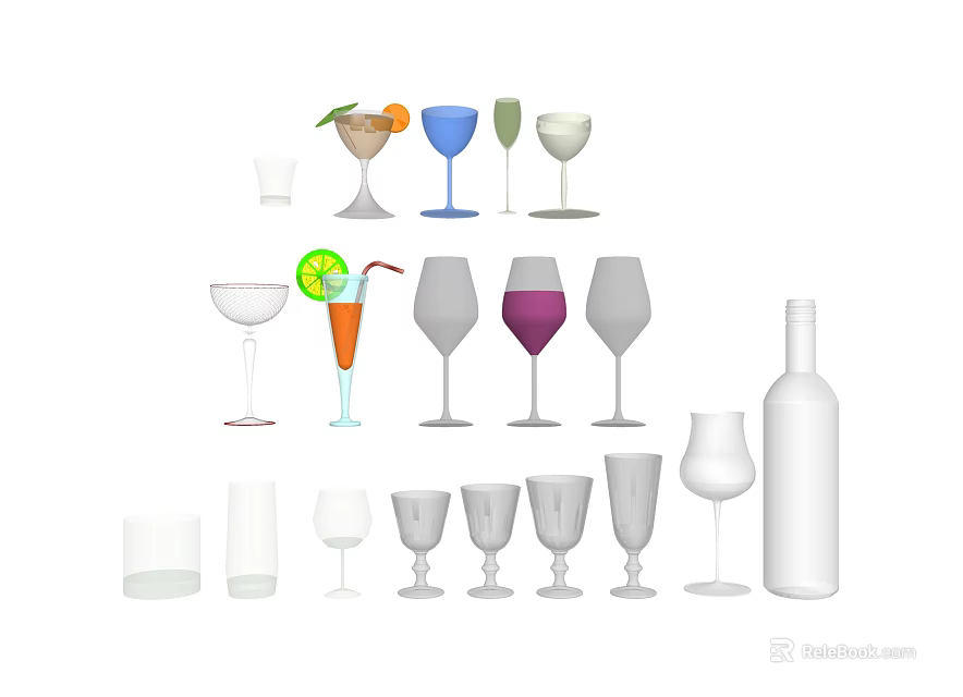 Stylish Wine Bottle And Various Wine Glasses With Different Colors And Designs 3d model 